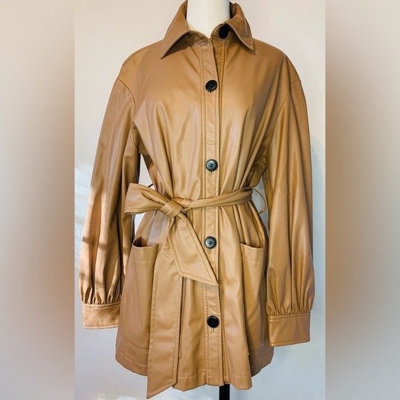 Zara Women’s Camel Faux Leather Belted Oversized Shirt Size Small! - Picture 8 of 13